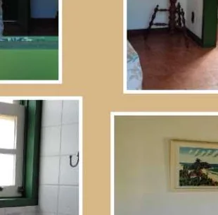Cama do Chalé 2 com mesa e porta para varanda